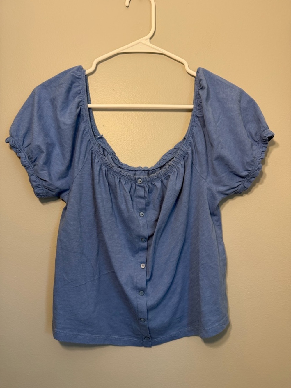 American Eagle Outfitters Light Blue Puff-Sleeve Button-Front Top